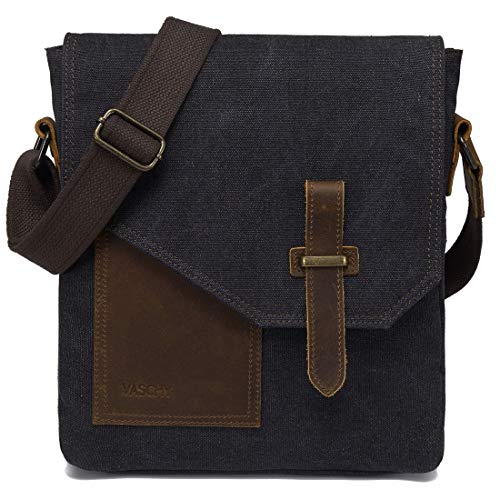 VASCHY Bolsos Hombre Bandolera, Bolso Bandolera Pequeño Bolsa Mensajero Vintage Bolsos Hombre Piel Lona Bolsos Messenger para Escuela Trabajo Viajes Negro