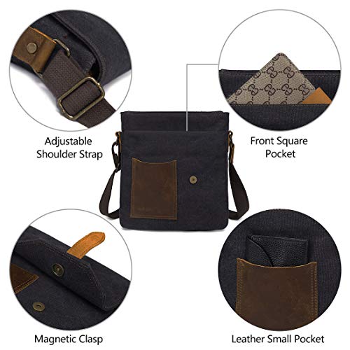 VASCHY Bolsos Hombre Bandolera, Bolso Bandolera Pequeño Bolsa Mensajero Vintage Bolsos Hombre Piel Lona Bolsos Messenger para Escuela Trabajo Viajes Negro