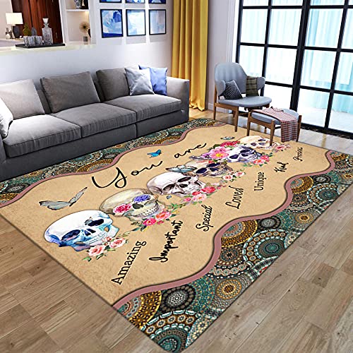 VBUEFM Lujosa Alfombra Moderna para Salón habitación de los Niños Dormitorio - Alfombra Antideslizante Muy Suave, Lavable, Cráneo De Flores Étnicas Coloridas 80 x 160 cm