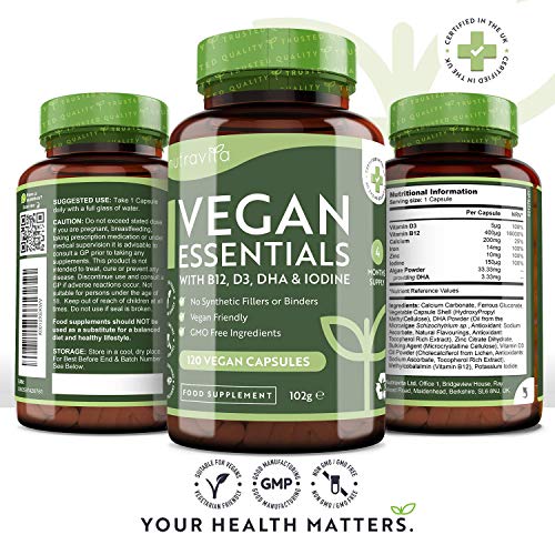 Vegan Essential Mix -Formulación multivitamínica y multimineral para apoyar una dieta basada en plantas - 120 Vegan capsulas - con vitamina B12, D3, DHA, yodo, hierro y zinc - Hecho en el Reino Unido