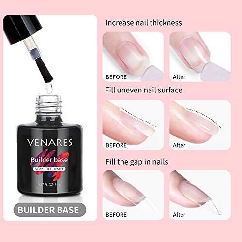 Venares Base y Top Coat Semipermanente con y Coat Mate y Builder Gel Base con Esmalte de uñas blanco y negro Esmaltes Semipermanentes de Uñas en Gel UV LED Kit de Esmaltes de Uñas 6 x 10ML