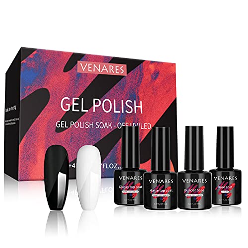 Venares Base y Top Coat Semipermanente con y Coat Mate y Builder Gel Base con Esmalte de uñas blanco y negro Esmaltes Semipermanentes de Uñas en Gel UV LED Kit de Esmaltes de Uñas 6 x 10ML