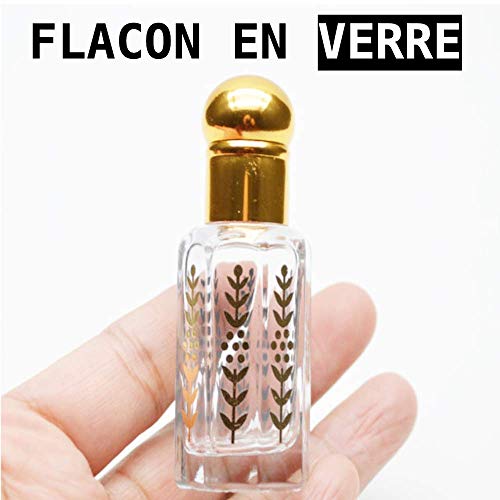 Venta al por mayor de 10 frascos de cristal vacías para rellenar Musc Tahara con perfume • Varilla de cristal incluida • Formato 3 ml • Tapón de color dorado • Diseño espiga