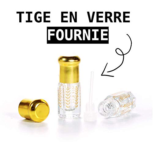 Venta al por mayor de 10 frascos de cristal vacías para rellenar Musc Tahara con perfume • Varilla de cristal incluida • Formato 3 ml • Tapón de color dorado • Diseño espiga