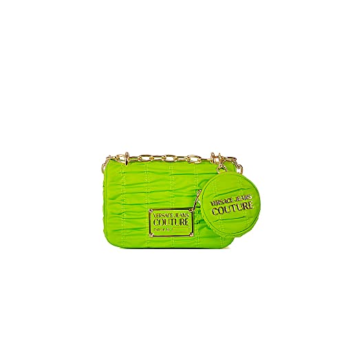 Versace Jeans Country - Bolso de mujer 72VA4BX6 de tela gofrada de color verde ácido con logotipo de oro y chárms porta amonitas