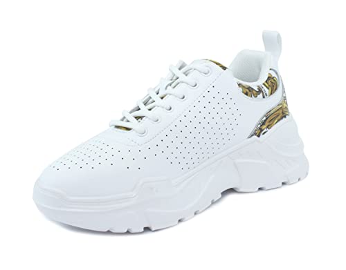 Versace JENAS Couture - Zapatillas deportivas 72VA3SC3 de piel color blanco perforado con logotipo de Baroque, Color blanco., 39 EU