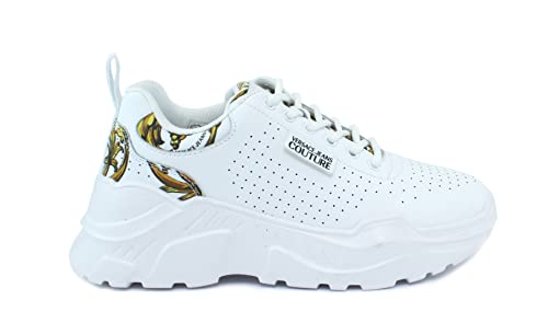 Versace JENAS Couture - Zapatillas deportivas 72VA3SC3 de piel color blanco perforado con logotipo de Baroque, Color blanco., 39 EU