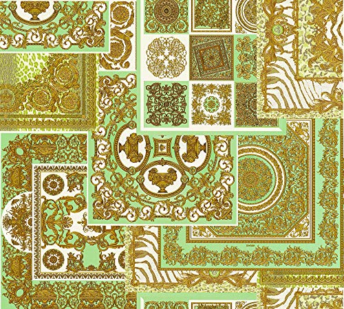 Versace Wallpaper 10.05 m x 0.70 m Oro Verde Marrón Fabricado en Alemania 370482 37048-2, Metallic, Creme, Grün