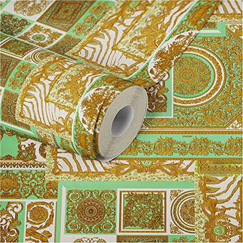 Versace Wallpaper 10.05 m x 0.70 m Oro Verde Marrón Fabricado en Alemania 370482 37048-2, Metallic, Creme, Grün