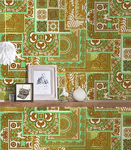 Versace Wallpaper 10.05 m x 0.70 m Oro Verde Marrón Fabricado en Alemania 370482 37048-2, Metallic, Creme, Grün