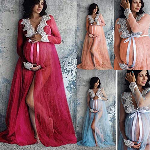 Vestidos Premama Fiesta Largos Maxi SHOBDW Moda 2019 Vestido de Maternidad Fotografia Encaje Vestidos Mujer Verano Sexy Cuello en V Bandage Ropa Premamá Vestidos de Fiesta(Beige,XL)