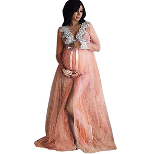 Vestidos Premama Fiesta Largos Maxi SHOBDW Moda 2019 Vestido de Maternidad Fotografia Encaje Vestidos Mujer Verano Sexy Cuello en V Bandage Ropa Premamá Vestidos de Fiesta(Beige,XL)