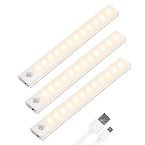 Vicloon Iluminacion Luz sin cables Portatil, 3 Pc Luz Armario con Sensor de Movimiento con Auto en/Apagado/Siempre en, USB Recargable LED Armario con 2 Tiras Magnéticas, para Escalera, Coina