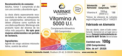 Vitamina A 5000 U.I. – Acetato de Retinilo – Vegana – 250 comprimidos