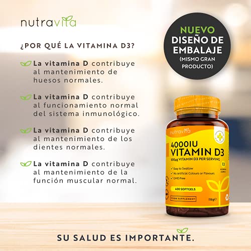 Vitamina D 4000 UI - Fuerza máxima - 400 cápsulas blandas fáciles de tragar - Suministro para más de un año - VIT D3 de alta resistencia - Fabricado en el Reino Unido por Nutravita