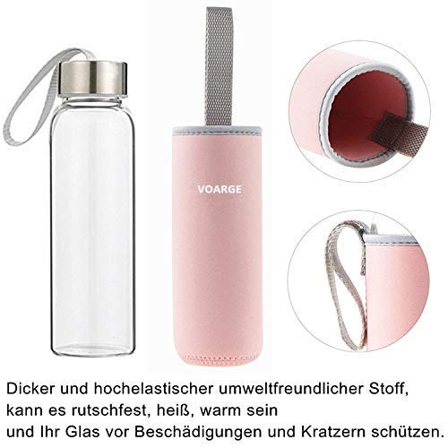 Voarge Botella de Agua Cristal 550ml, Botella de Agua Reutilizable 18 oz, Sin BPA Antideslizante Protección Neopreno Llevar Manga y Cepillo de Esponja, Rosa