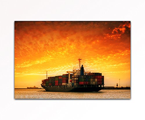Vos bilder24. de – decoración mural XXL Container barco en la del Mediterráneo al atardecer sobre lienzo y chasis. Calidad mejorada, hecho a mano en Alemania., blau gelb weiß grün rot orange braun schwarz rosa, 70 x 110