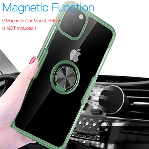 WATACHE Funda iPhone 11 Pro MAX, Funda Protectora Crystal Clear Carbon Fiber Design Armor con Soporte Agarre Anillo Dedo rotación 360 ​​Grados Kickstand para iPhone 11 Pro MAX,Verde Militar