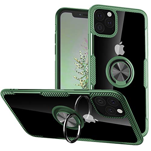 WATACHE Funda iPhone 11 Pro MAX, Funda Protectora Crystal Clear Carbon Fiber Design Armor con Soporte Agarre Anillo Dedo rotación 360 ​​Grados Kickstand para iPhone 11 Pro MAX,Verde Militar