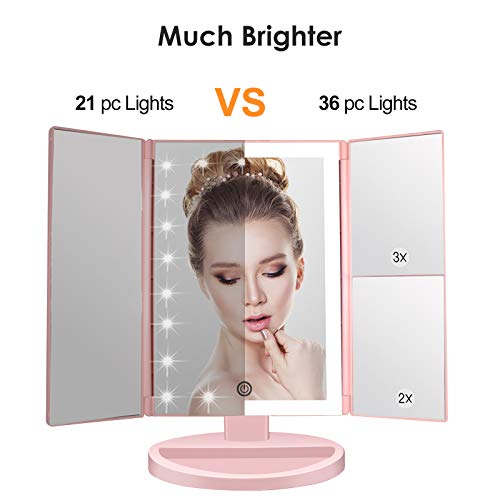 WEILY Espejo de Maquillaje, 1x / 2X / 3X Magnificación Triple Espejo Plegable Lámpara LED con 36 Luces LED Pantalla táctil y Carga USB Rotación de 180 Grados con mostrador (Rosa)