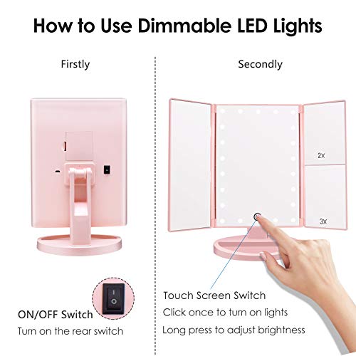 WEILY Espejo de Maquillaje, 1x / 2X / 3X Magnificación Triple Espejo Plegable Lámpara LED con 36 Luces LED Pantalla táctil y Carga USB Rotación de 180 Grados con mostrador (Rosa)