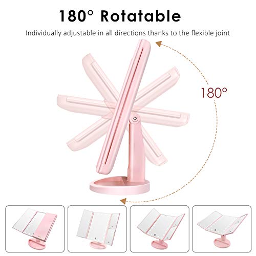 WEILY Espejo de Maquillaje, 1x / 2X / 3X Magnificación Triple Espejo Plegable Lámpara LED con 36 Luces LED Pantalla táctil y Carga USB Rotación de 180 Grados con mostrador (Rosa)