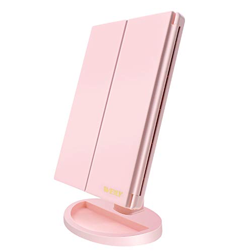 WEILY Espejo de Maquillaje, 1x / 2X / 3X Magnificación Triple Espejo Plegable Lámpara LED con 36 Luces LED Pantalla táctil y Carga USB Rotación de 180 Grados con mostrador (Rosa)