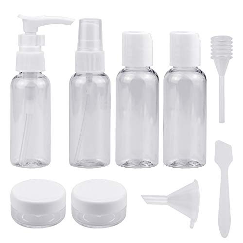 WEKON 9pcs Envase de Viaje, Botella de Viaje, Botella de Spray Viaje, Recipiente de Viaje, Bomba Dispensadora Viaje con Mini Espátula Embudo Pipeta para Cosmético Champú Crema para Vuelo Internacional