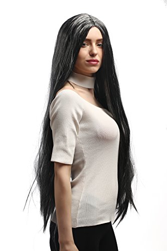 WIG ME UP- 6063-P103-309 Peluca Mujeres Hombres Carnaval Negro Gris veteado Muy Larga 85 cm Lisa Vampiro Bruja Heavy Metal