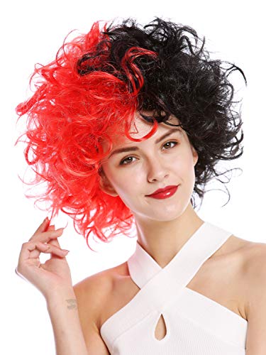 WIG ME UP- 91344-P103+PC13 Peluca Halloween Mujeres Hombres Diva Malvada Loca Masa de Pelo Rizado rebelde Mitad Rojo Mitad Negro