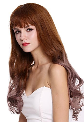 WIG ME UP - H1800-612R30 peluca de mujer pelo largo ondulado flequillo balayage castaño cobrizo claro rosa cosplay