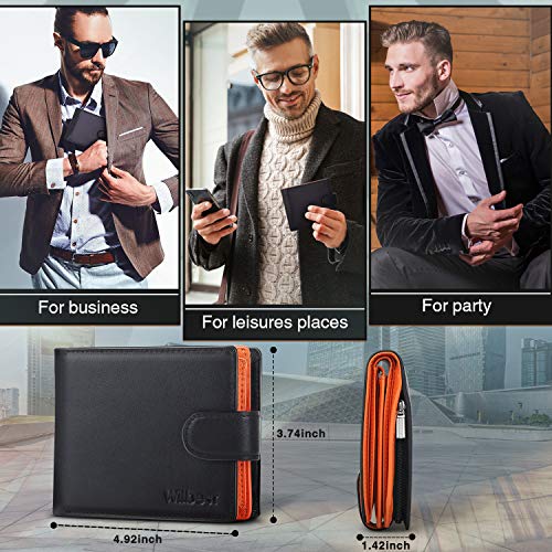 wilbest® Billetera de Hombre de Piel, Cartera RFID, Carteras Hombre con Monedero - Bloque 13.56 MHz, Cartera Personalizada Función de 4 en 1, Botón Diseño de Bolsillo con Cremallera, Negro Naranja