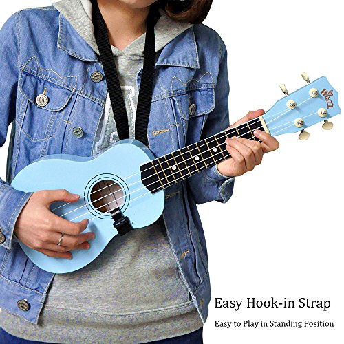 Winzz Ukelele Soprano Starter Kit para Principiante. Incluye: Funda, Afinador, Cuerdas Extra, Correa Ajustable, Púas, Pegatinas de notas, Guía de Acordes y Paño de pulido. Color: Azul