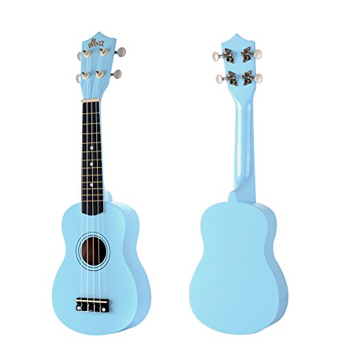 Winzz Ukelele Soprano Starter Kit para Principiante. Incluye: Funda, Afinador, Cuerdas Extra, Correa Ajustable, Púas, Pegatinas de notas, Guía de Acordes y Paño de pulido. Color: Azul