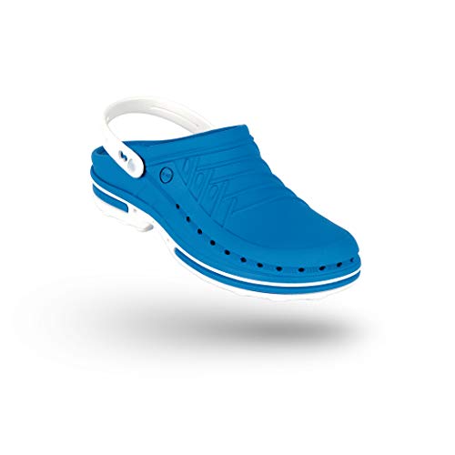 WOCK Clog con Tira, Zueco Sanitario de Trabajo Blanco/Azul Medio Mujer e Hombre - Esterilizable, Rango de tamaño de 35-48