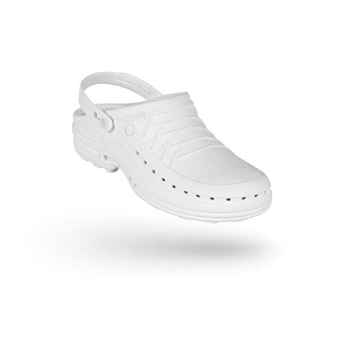 WOCK Clog con Tira, Zueco Sanitario de Trabajo Blanco/Blanco Mujer e Hombre - Esterilizable, Rango de tamaño de 35-48