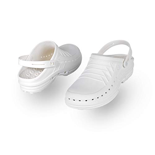 WOCK Clog con Tira, Zueco Sanitario de Trabajo Blanco/Blanco Mujer e Hombre - Esterilizable, Rango de tamaño de 35-48