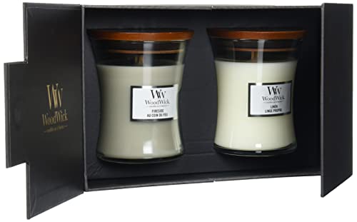 Woodwick Juego de velas perfumadas de regalo, Fireside & Linen Hourglass velas perfumadas con mechas agrietadas, hasta 60 horas de tiempo de combustión cada una, Caja de regalo, 2 unidades (1699065E)
