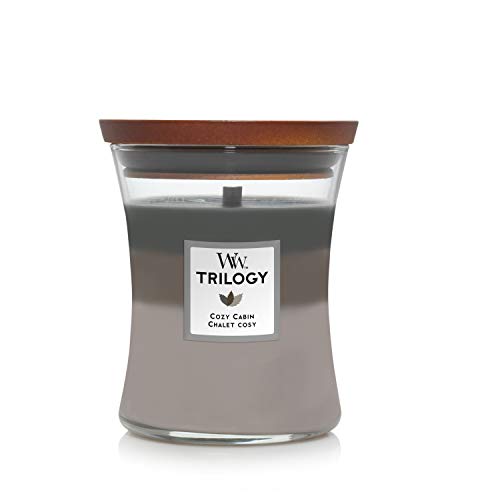 WoodWick Trilogy vela perfumada mediana en forma de reloj de arena con Pluswick Innovation, Cabaña acogedora