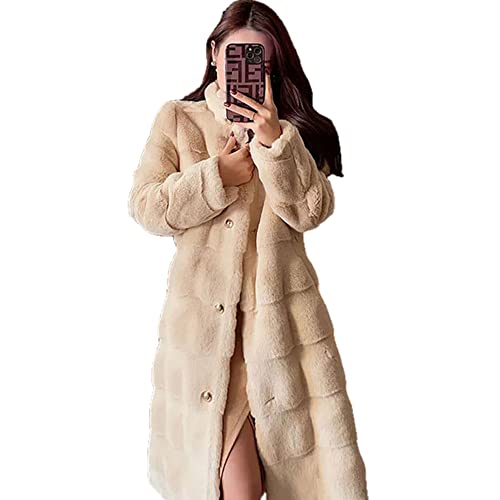 WSPDSD Abrigo de piel de visón sintética esponjoso cálido a rayas de registro de invierno Abrigo de diseñador de lujo coreano con cuello levantado para mujer   - Caqui,L