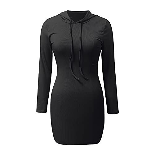 Xisimei Vestido de punto con capucha para mujer, de manga larga, informal, con capucha, corte ajustado, para otoño, para invierno, minivestido, túnica, Negro , M