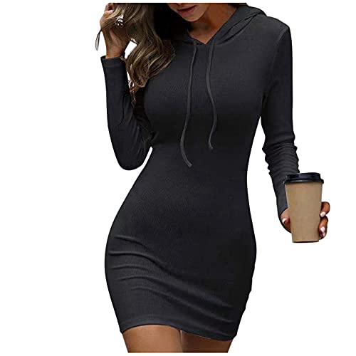 Xisimei Vestido de punto con capucha para mujer, de manga larga, informal, con capucha, corte ajustado, para otoño, para invierno, minivestido, túnica, Negro , M