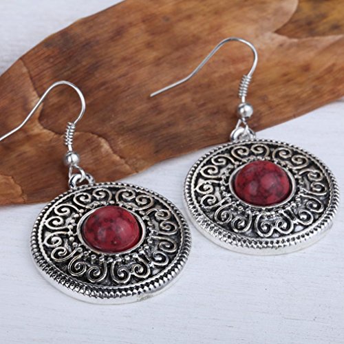 Yazilind vendimia de plata tibetana redondo rojo Resina relieve cuelgan los pendientes del gancho de la gota