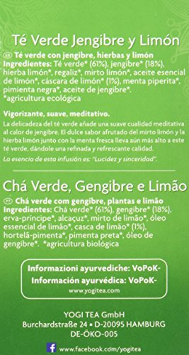 Yogi Tea Verde Jengibre Limón - Paquete de 6 x 17 Sobres - Total: 102 Sobres