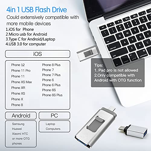 YOHU 256GB Pendrive para Phone Photo Stick Memoria USB para Phone y Pad Android Laptops Flash Drive Expansión (Plata)