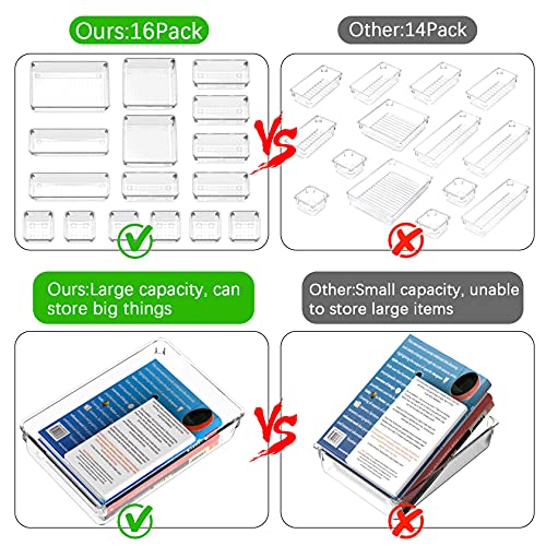 Yosemy 16 piezas Cajas Organizadoras,Organizadores Transparentes para Cajones con 100 piezas Pies de Goma Transparentes,Organizador Maquillaje para Tocador Cocina Baño