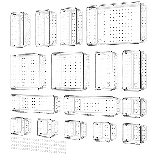 Yosemy 16 piezas Cajas Organizadoras,Organizadores Transparentes para Cajones con 100 piezas Pies de Goma Transparentes,Organizador Maquillaje para Tocador Cocina Baño