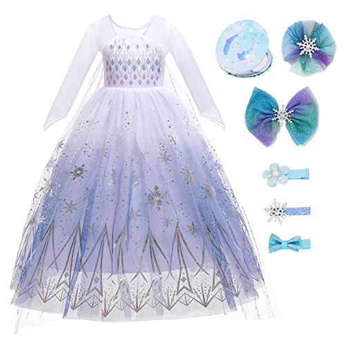 YOSICIL Disfraz Princesa Elsa Frozen Niña Lentejuelas Vestido de Fiesta Traje de Reina de Hielo con Espejos Maquillaje y Clips Pelo Holloween Cosplay Carnaval Navidad,morado120