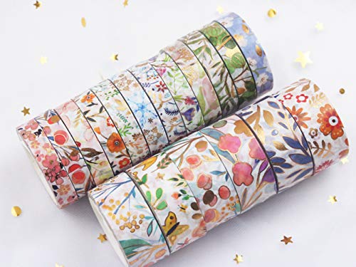 Yubbaex Washi Tape Set cinta adhesiva decorativa Washi Glitter Adhesivo de Cinta Decorativa para DIY Crafts Scrapbooking (Floración 18 Rollos)