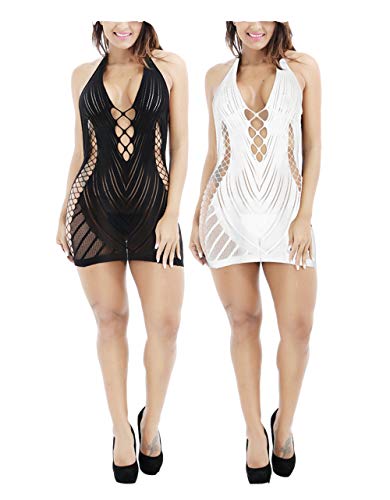 Yulaixuan 2 Pares de lencería de Rejilla para Mujer Malla Badydoll Ahuecado con Estampado Mini Vestido Ver a través de la Ropa de Dormir de Malla Chemise (En Blanco y Negro, Estilo 3)